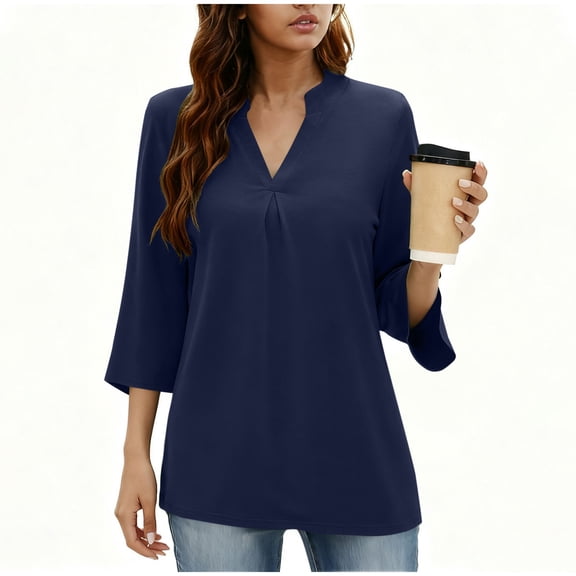 Kaemgyyd Womens Tunic Long Sleeve Shirts Blouses for Women Dressy Casual 3/4 Sleeve V Neck Solid Color Work Office Fall Tops