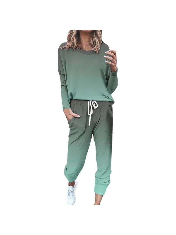 Womens Two Piece Outfits Casual Plus Size Sweatsuits Tracksuit Crew Neck Tops Matching Drawstring Jogger with Pockets