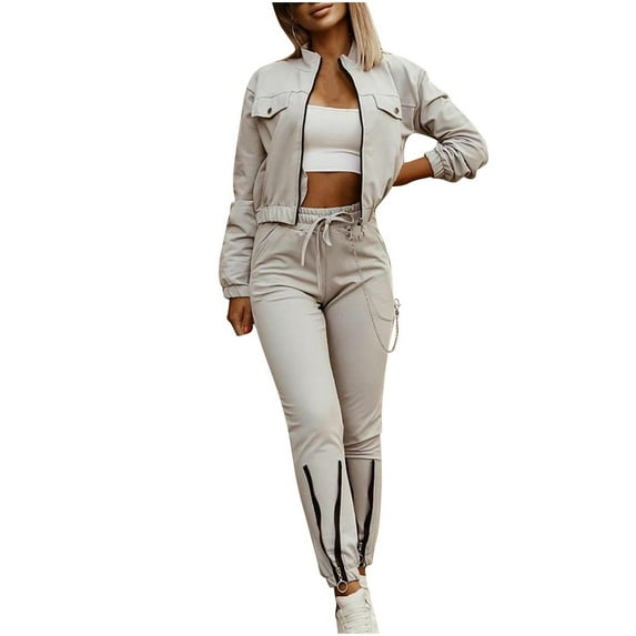 Kaemgyyd Womens Two Piece Tracksuit Outfits Casual Zip up Cropped Coat Suits Matching Jogger Cargo Pants Set with Pockets