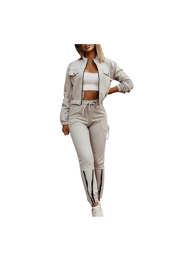 Womens Two Piece Tracksuit Outfits Casual Zip up Cropped Coat Suits Matching Jogger Cargo Pants Set with Pockets