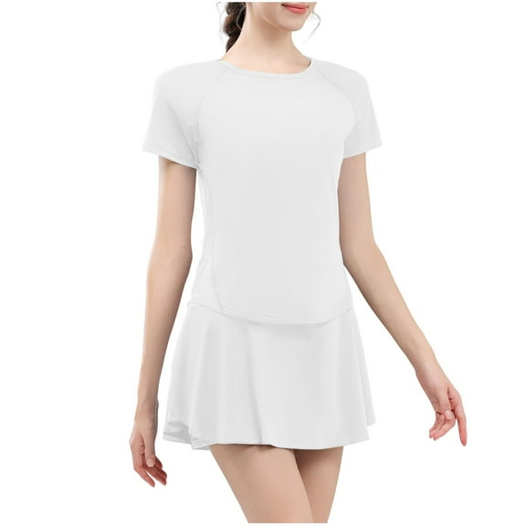 Kaemgyyd Womens Two Piece Workout Sets Summer Stretch Short Sleeve Tops and Skirt with Shorts Outfits Yoga Matching Clothing Set