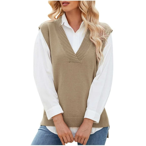 Kaemgyyd Womens V Neck Sweater Vest Oversized Sleeveless Solid Color Loose Pullover Casual Fall Winter Knitted Tank Top