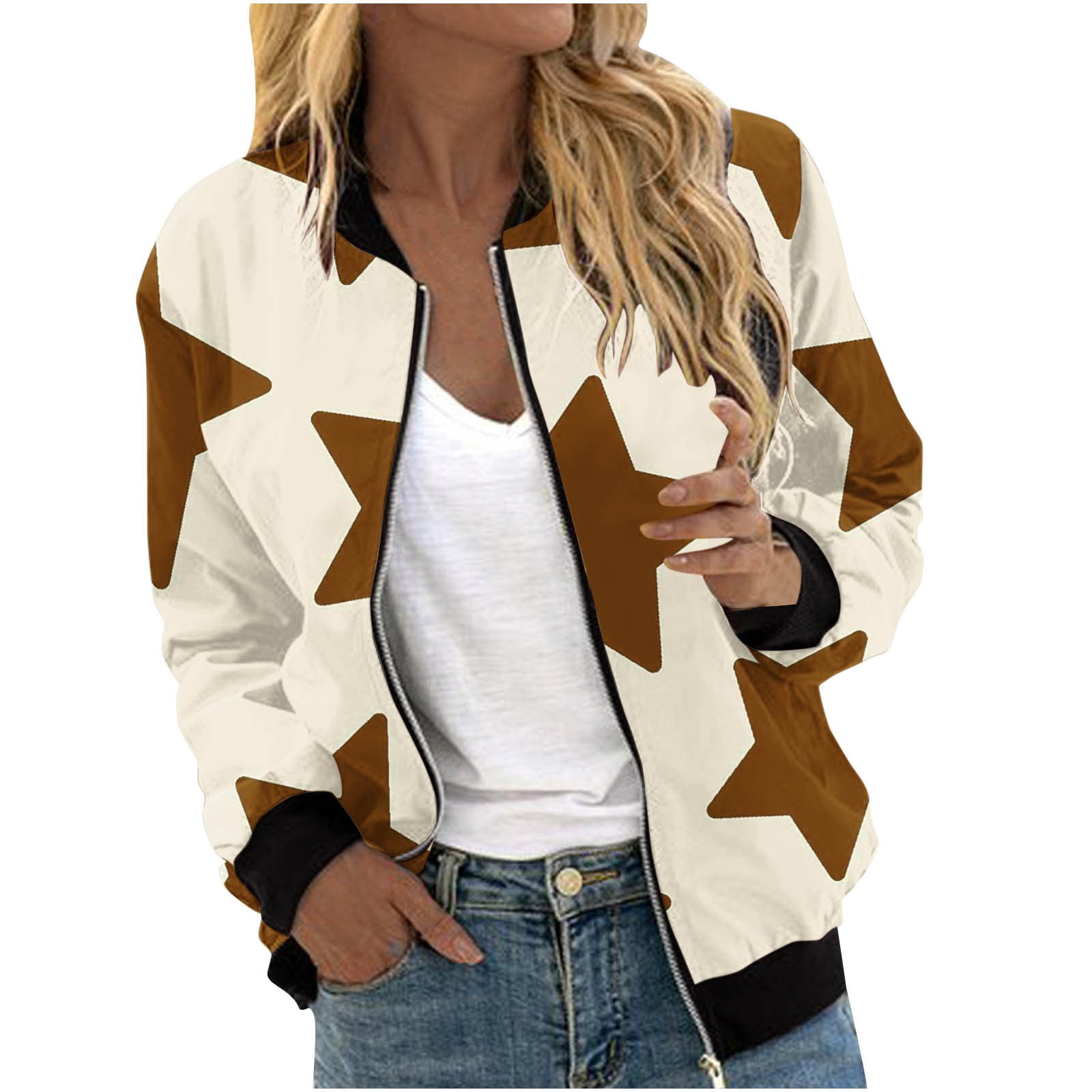 Kaemgyyd Womens Zip Up Sweatshirts Jackets Casual Star Print Long