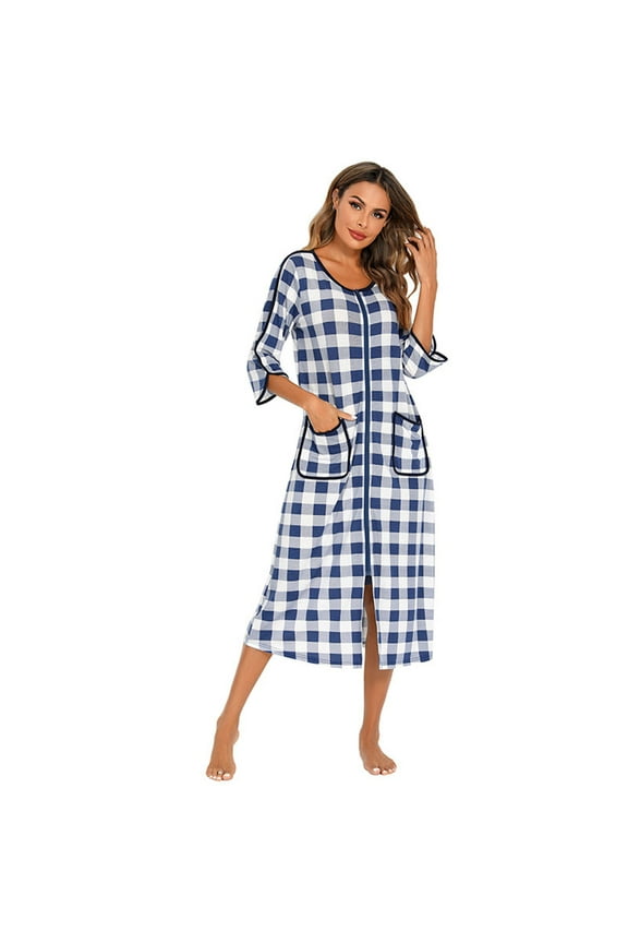 Womens Zipper Front Robe 3/4 Sleeve Plaid Housecoat Loose Bathrobes Crew Neck Midi Nightgown with Pockets S-XXl