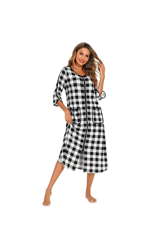 Womens Zipper Front Robe 3/4 Sleeve Plaid Housecoat Loose Bathrobes Crew Neck Midi Nightgown with Pockets S-XXl