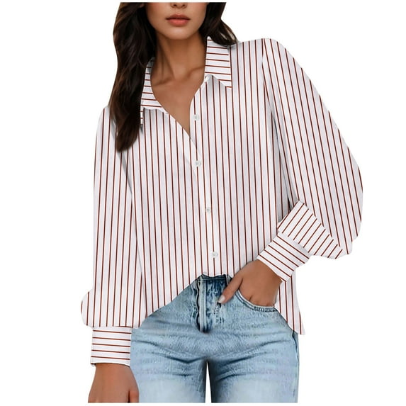 Kaemgyyd Work Tops for Women Button down Plus Size Office Blouse Casual Striped Long Sleeve Beach Shirt Cover Up