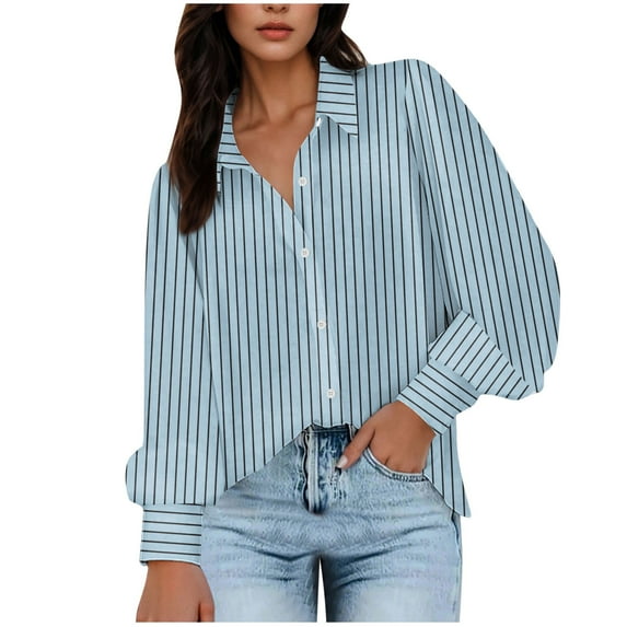Kaemgyyd Work Tops for Women Button down Plus Size Office Blouse Casual Striped Long Sleeve Beach Shirt Cover Up