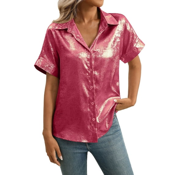 Kaemgyyd Work Tops for Women Sequins Glitter Button down Shirt Casual Short Sleeve Summer Tops Loose Fit Office Tunic Blouse