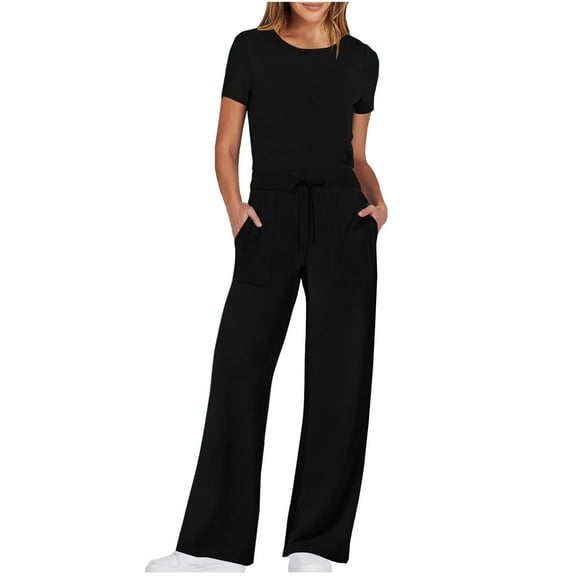 Kaemgyyd Workout Jumpsuits for Women Short Sleeve Crew Neck Wide Leg Pants Rompers Drawstring Solid Active Sweatpants Jumpsuit