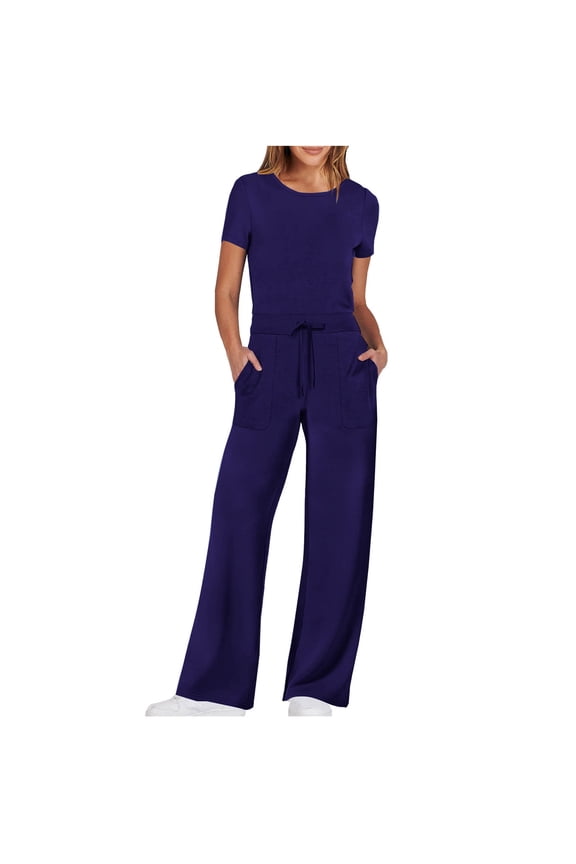 Workout Jumpsuits for Women Short Sleeve Crew Neck Wide Leg Pants Rompers Drawstring Solid Active Sweatpants Jumpsuit
