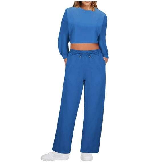 Kaemgyyd Workout Tracksuits for Women Solid Color 2 Piece Outfits Long Sleeve Pullover Crop Top and Drawstring Long Sweatpants Set