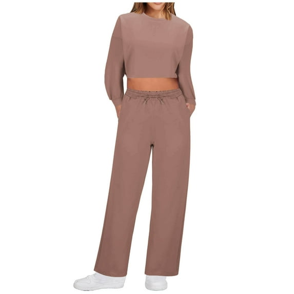 Kaemgyyd Workout Tracksuits for Women Solid Color 2 Piece Outfits Long Sleeve Pullover Crop Top and Drawstring Long Sweatpants Set