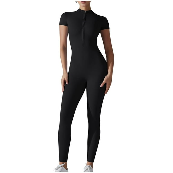 Kaemgyyd Yoga Jumpsuit for Women Short Sleeve Half Zip Workout Leggings Rompers Quick Dry Breathable Solid One-Piece Bodysuit