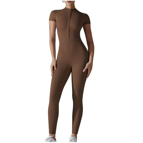 Kaemgyyd Yoga Jumpsuit for Women Short Sleeve Half Zip Workout Leggings Rompers Quick Dry Breathable Solid One-Piece Bodysuit