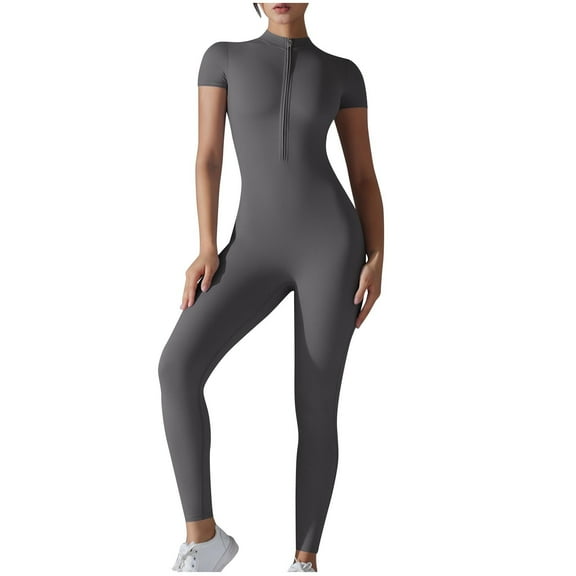 Kaemgyyd Yoga Jumpsuit for Women Short Sleeve Half Zip Workout Leggings Rompers Quick Dry Breathable Solid One-Piece Bodysuit