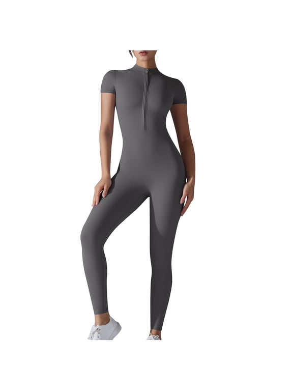 Yoga Jumpsuit for Women Short Sleeve Half Zip Workout Leggings Rompers Quick Dry Breathable Solid One-Piece Bodysuit