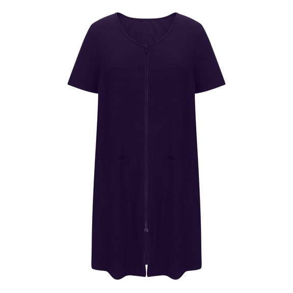 Kaemgyyd Zip up Robes for Women Summer Short Sleeves Crew Neck Solid Short Bathrobes Lightweight Soft Nightgown with Pockets
