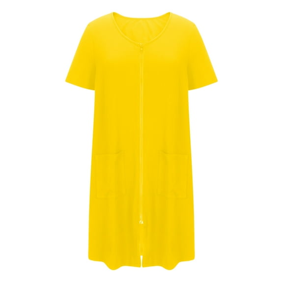 Kaemgyyd Zip up Robes for Women Summer Short Sleeves Crew Neck Solid Short Bathrobes Lightweight Soft Nightgown with Pockets