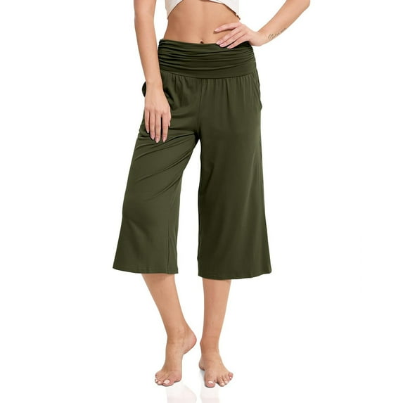 Kaemgyyd Wide Leg Pants for Women Yoga Work Capri Pants with Pockets High Waist Pleated Lounge Solid Cropped Trousers