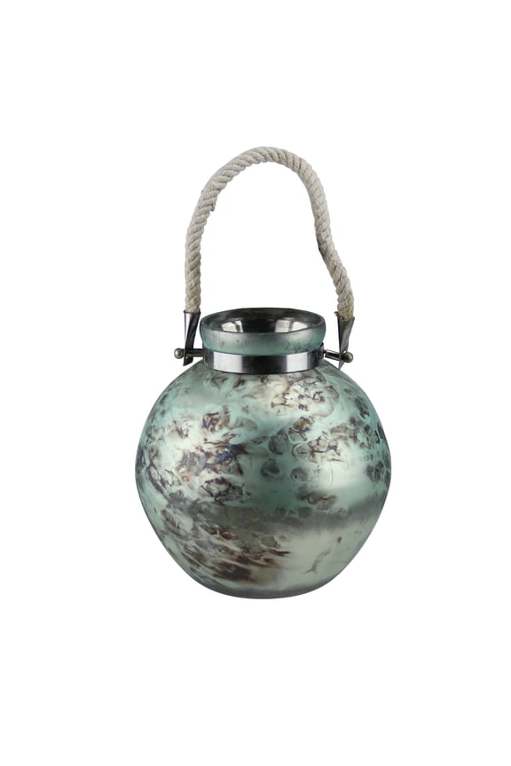 14.5" Green and Black Seaside Treasures Glass Hurricane with Rope Handle