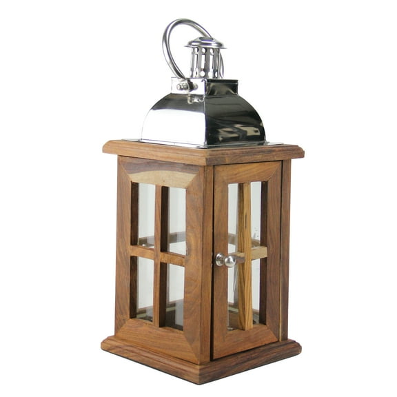 Kaemingk 18" Modern Sheesham Wood Candle Lantern with Silver Metal Handle