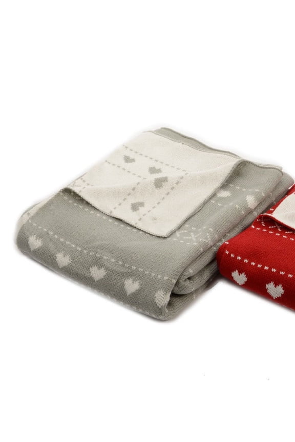 Alpine Chic Light Gray with White Heart Pattern Knitted Throw Blanket 50" x 60"