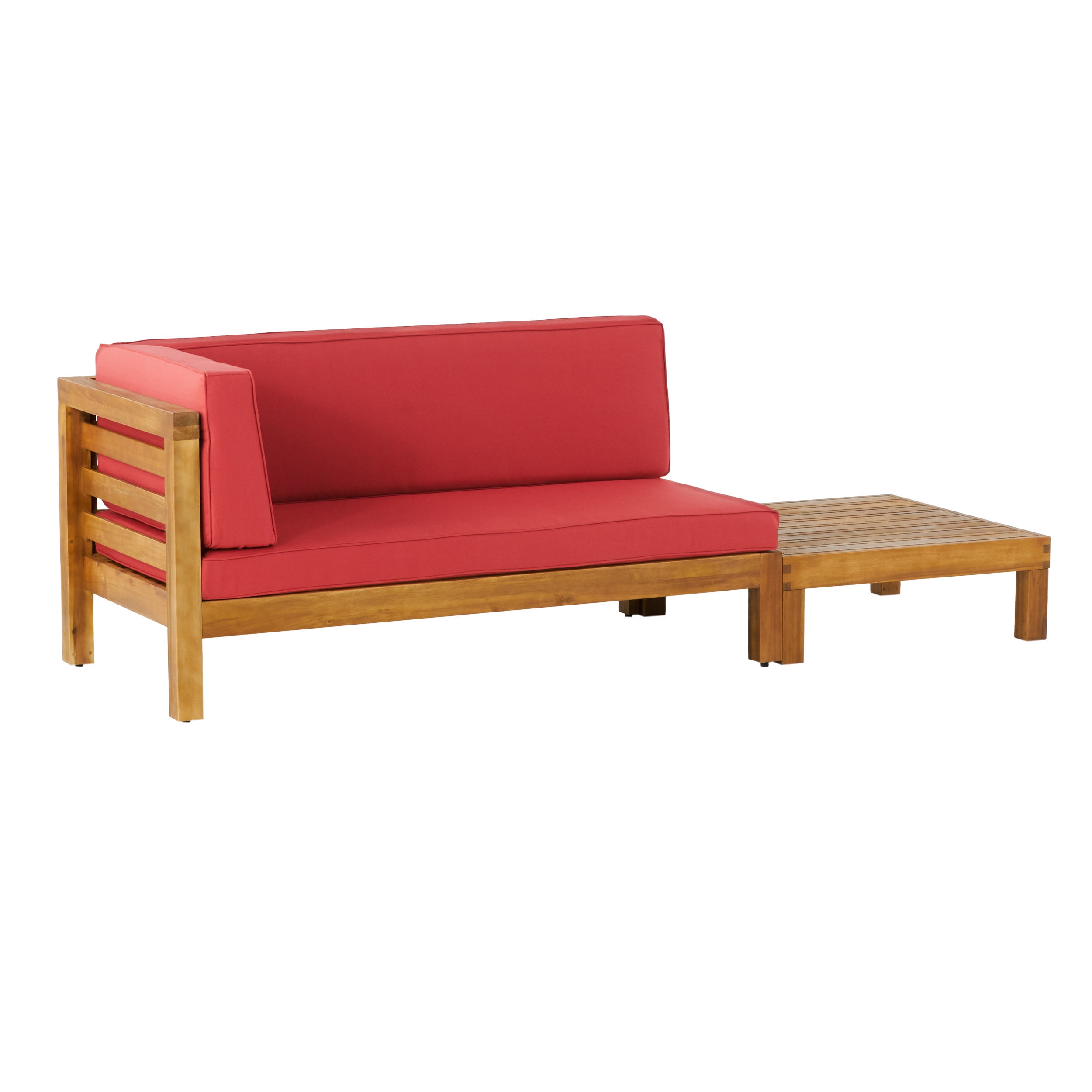 Kaena Acacia Wood Outdoor Left Arm Loveseat and Coffee Table Set with Cushion, Teak and Red