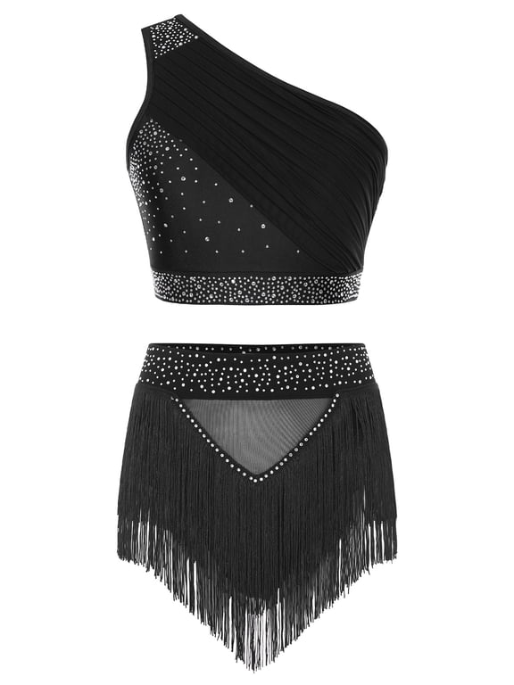2-pieces Women Lyrical Dance Contemporary Outfit One Shoulder Crop Tops with Tassel Built in Briefs Skirted Black XXL