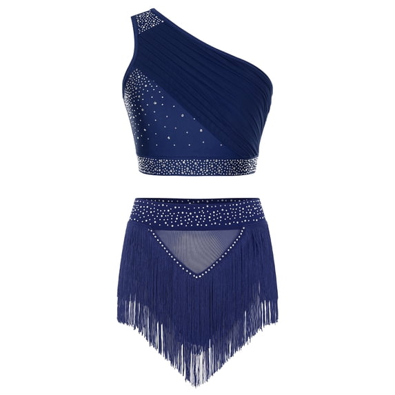 Kaerm 2-pieces Women Lyrical Dance Contemporary Outfit One Shoulder Crop Tops with Tassel Built in Briefs Skirted Navy Blue L
