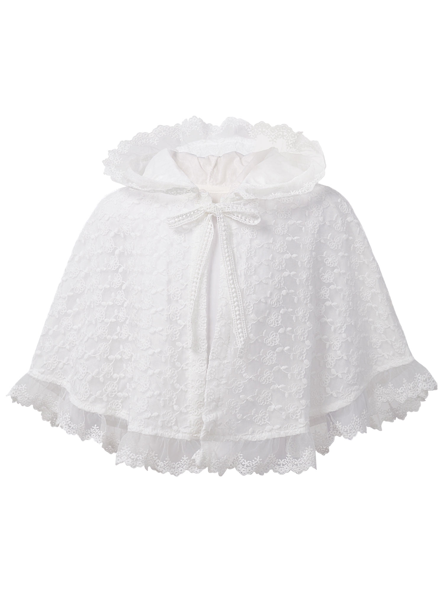 Kaerm Baby Girls Cute Floral Embroidery Hooded Cloak Ruffle Floral Lace Bolero Shrug Layer Self-Tie White 73