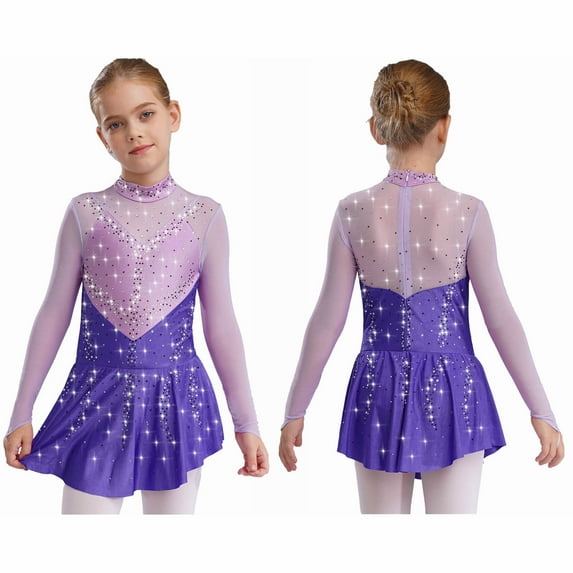 Kaerm Big Girl's Sparkly Figure Skating Dresses Ballet Dance Tutu Skirted Jazz Latin Gymnastics Dancewear Purple 8