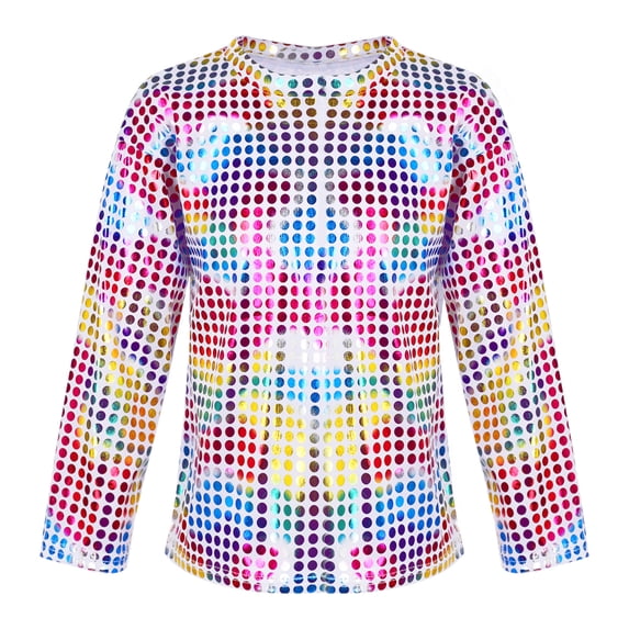 Kaerm Boys Girls Sparkly Sequins Metallic Long Sleeve Top T-Shirt Modern Jazz Hip Hop Stage Colorful 160