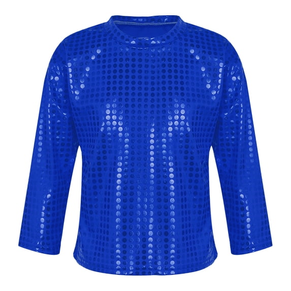 Kaerm Boys Girls Sparkly Sequins Metallic Long Sleeve Top T-Shirt Modern Jazz Hip Hop Stage Royal Blue 160