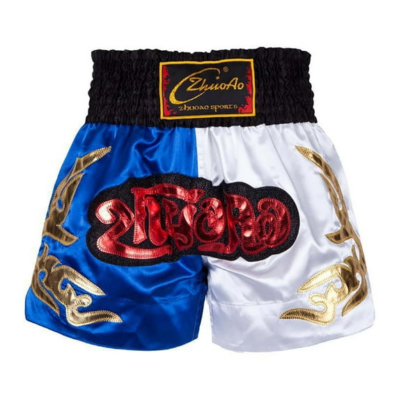 Kaerm Boys Muay Thai Boxer Shorts MMA Martial Arts Bottom Shorts Cage Fighting Grappling Trunks Blue&White XL/170