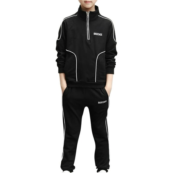 Kaerm Boys Workout Running Athletic Tracksuit Zipper Pullover Sweatshirt with Sweatpants 2 Pcs Set Black 140