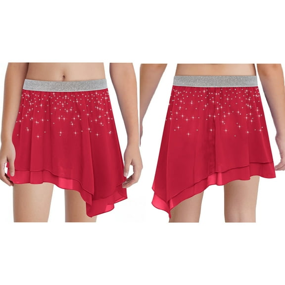 Kaerm Children Girls Pleated Ballet Dance Skirts Gymnastic Skorts Elastic Waist Shiny Flared Mini Skater Skirt Red 16