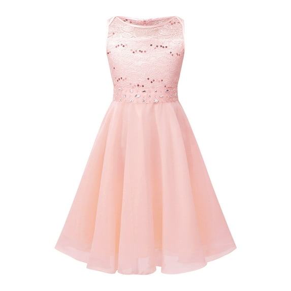 Kaerm Flower Girl Sequin Lace Chiffon Sleeveless Wedding Party Dresses Birthday Pageant Ball Gown Pearl Pink 10