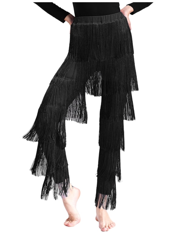 Fringe Latin Dance Pants for Women Multi-Layer Tassel Ballroom Latin Tango Dance Trousers Black M