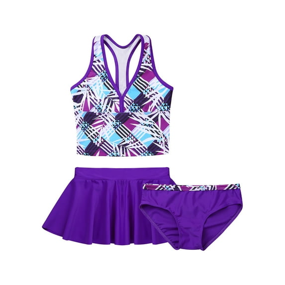 Kaerm Girls 3Pcs Tankini Swimwear Raceback Top with Bottoms Ruffle Skirts Swimsuit Bathing Suits Purple 7-8