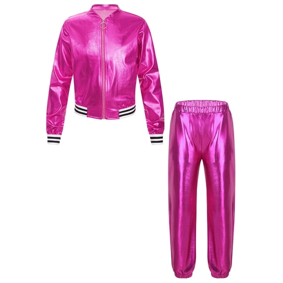 Kaerm Girls Boy Hip Hop Street Dance Clothes Shiny Metallic Long Sleeves Bomber Jacket and High Waist Rose 16