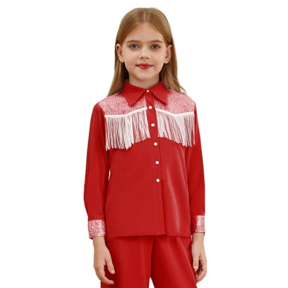 Kaerm Girls Cowgirl Button-Down Shirt Shiny Sequins Long Sleeves Fringe Lapel Tops Red 8