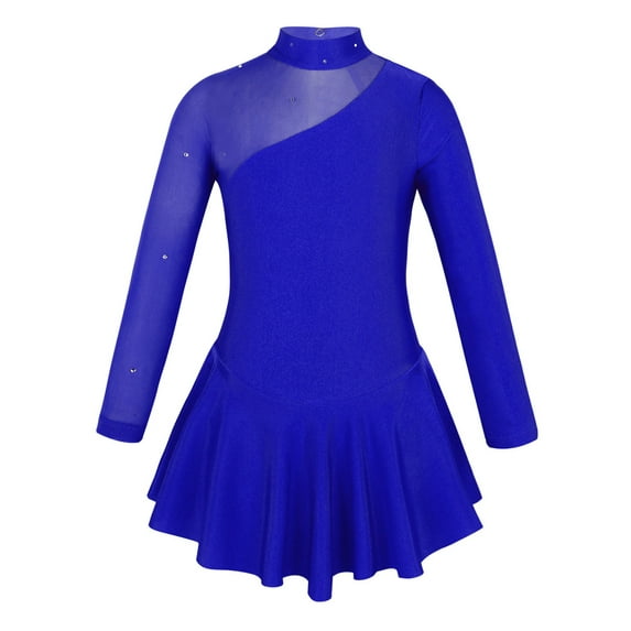 Kaerm Girls Figure Ice Skating Dress Long Sleeve Cutout Back Roller Skating Ballet Dance Dress Royal Blue 10