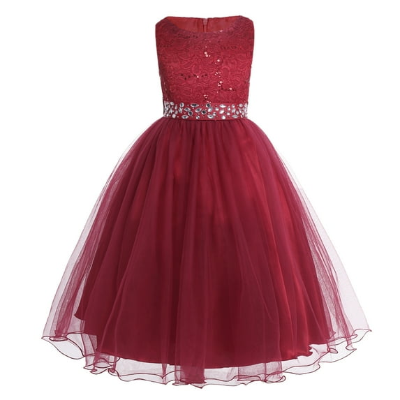 Kaerm Girls Glitter Lace Flower Girl Dress Princess Wedding Bridesmaid Pageant Party Fairy Dress Burgundy 14