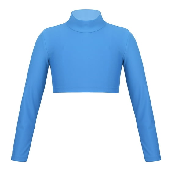 Kaerm Girls Long Sleeves Turtleneck Crop Top Jazz Stree Dance Athletic Gymnastcis Short Shirt Light Blue 14