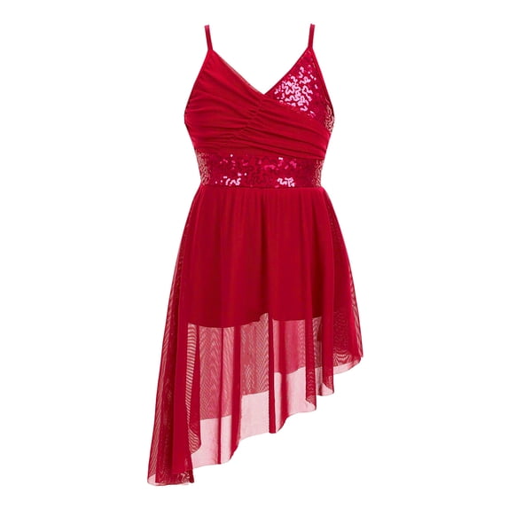 Kaerm Girls Lyrical Dress Spaghetti Straps V-Neck Sequined Irregular Hem Latin Dance Costume Burgundy 9-10