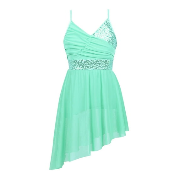 Kaerm Girls Lyrical Dress Spaghetti Straps V-Neck Sequined Irregular Hem Latin Dance Costume Light Green 7-8