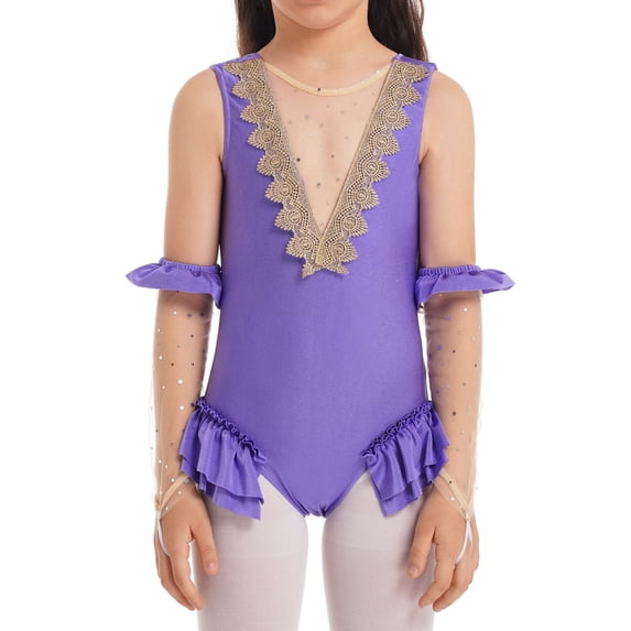 Kaerm Girls Purple Princess Costume Ruffles Dance Leotard Bodysuit with Gloves Festival Show Role Lavender 5
