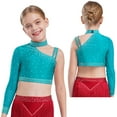 thumbnail image 1 of Kaerm Girls Rhinestones Latin Jazz Dance Tops Irregular Shoulder Gymnastics Shirts Stage Performance Dancewear Blue Green 10, 1 of 6