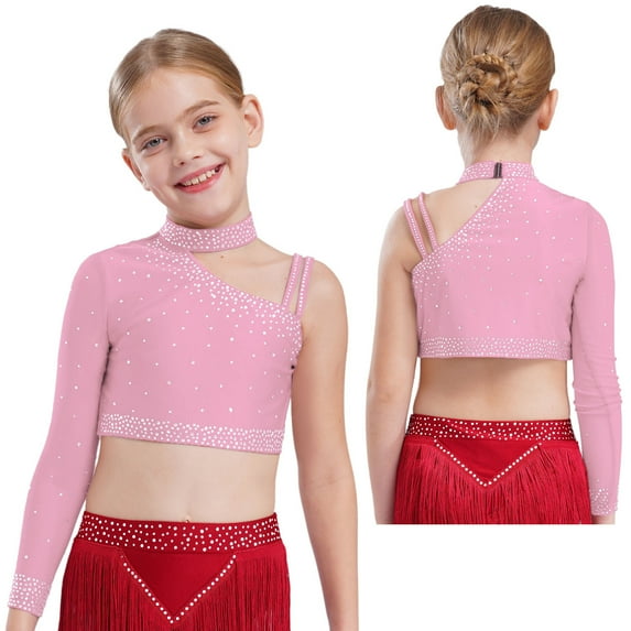 Kaerm Girls Rhinestones Latin Jazz Dance Tops Irregular Shoulder Gymnastics Shirts Stage Performance Dancewear Pink 6