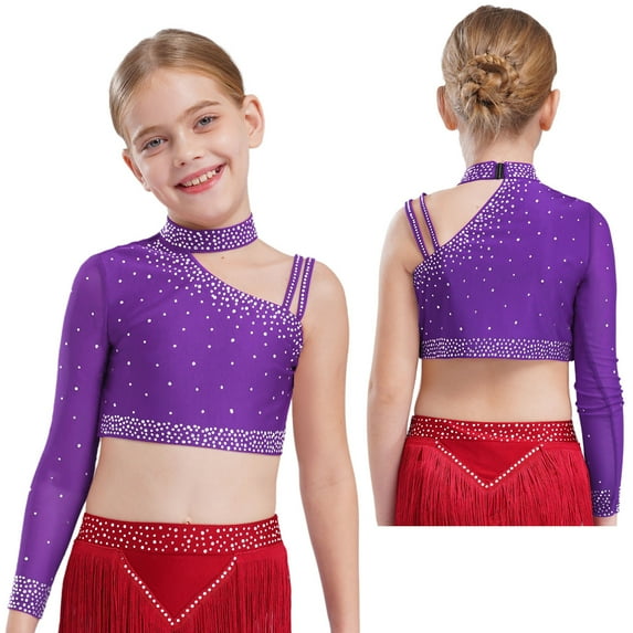 Kaerm Girls Rhinestones Latin Jazz Dance Tops Irregular Shoulder Gymnastics Shirts Stage Performance Dancewear Purple 12